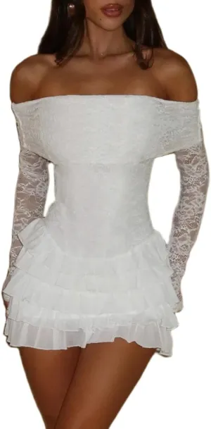 Women Y2k Lace Long Sleeve Short Dress Vintage Off Shoulder Mini Dress Ruffle Flowy Bodycon Dress Clubwear