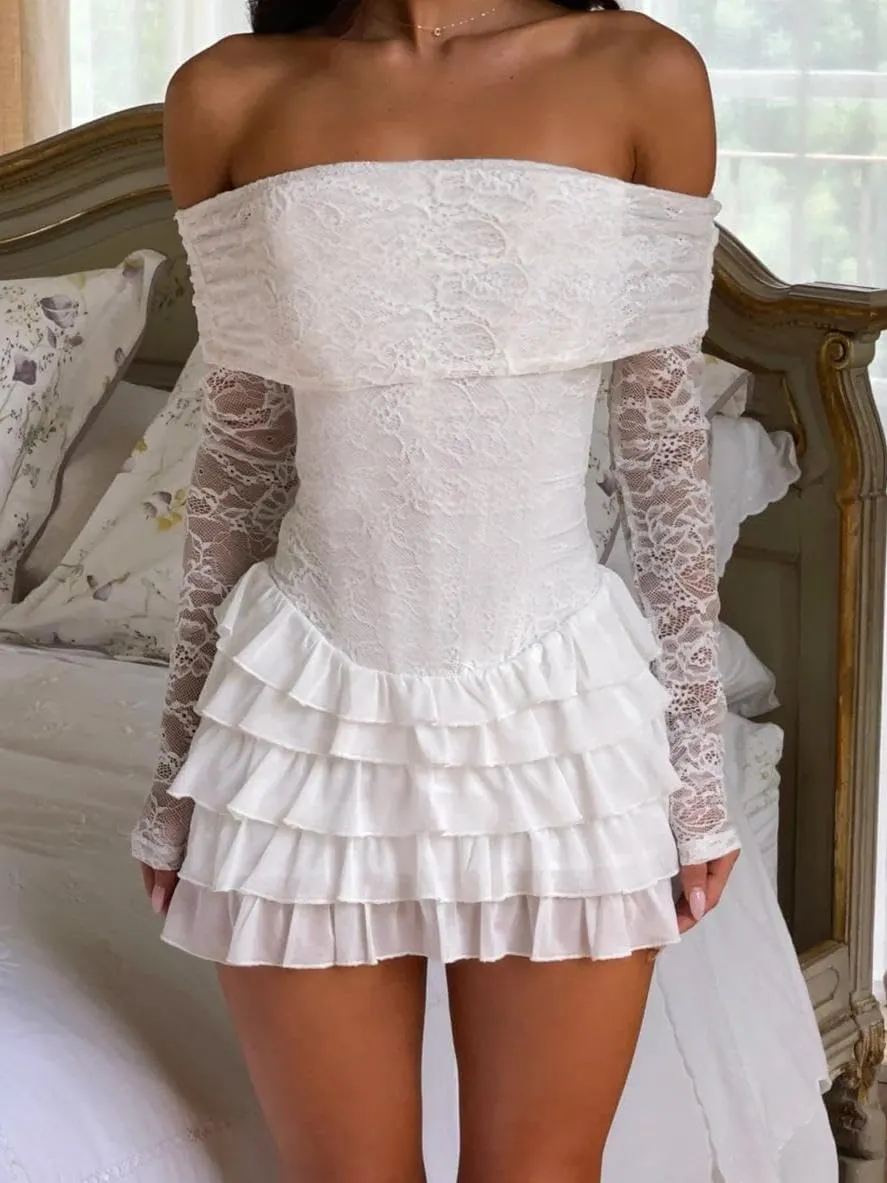 Women Y2k Lace Long Sleeve Short Dress Vintage Off Shoulder Mini Dress Ruffle Flowy Bodycon Dress Clubwear