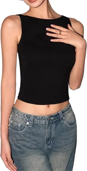 Women's Boatneck Camisole Tank Top Sleeveless Soft Breathable Knit Blouse(Black,Medium)