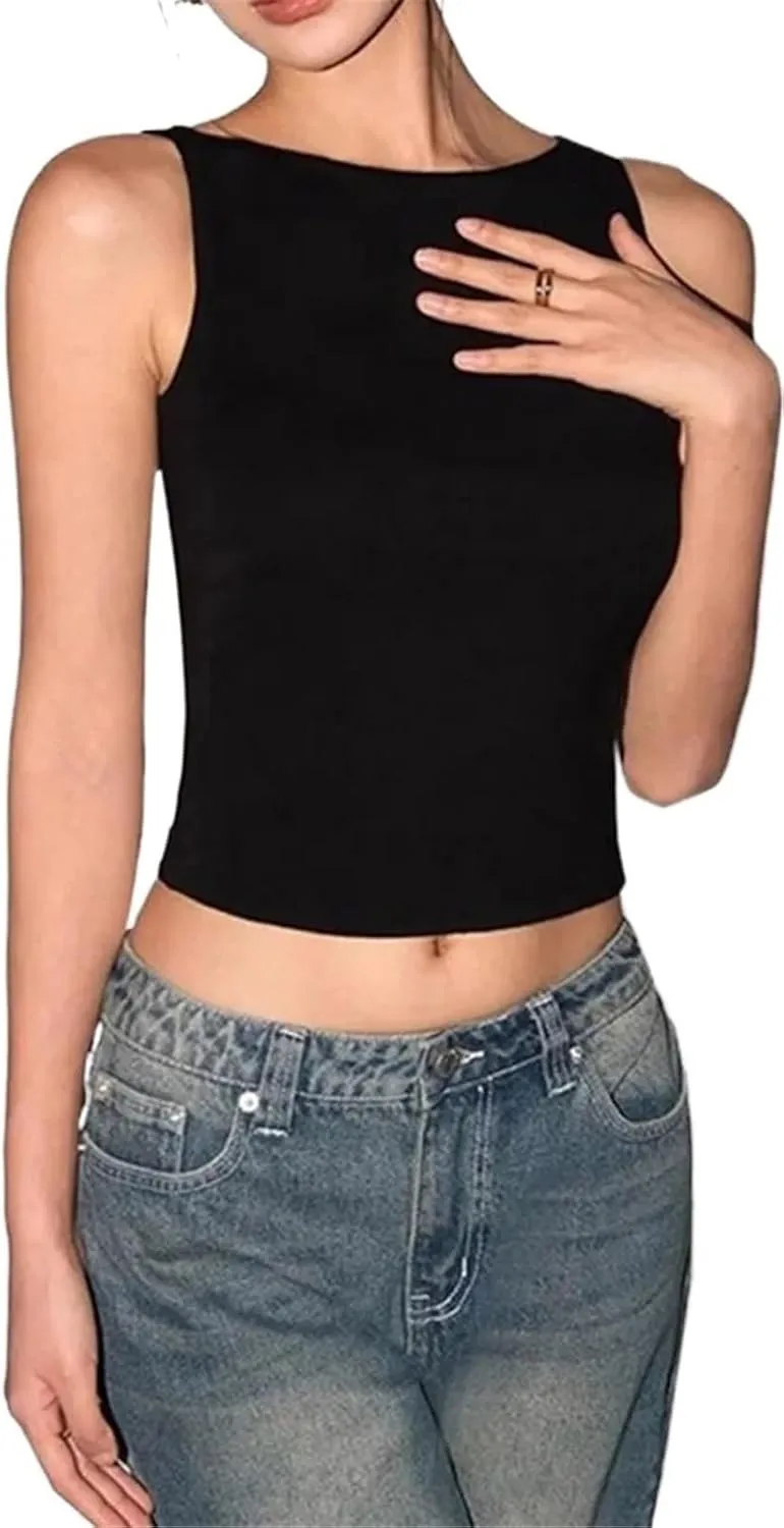 Women's Boatneck Camisole Tank Top Sleeveless Soft Breathable Knit Blouse(Black,Medium)