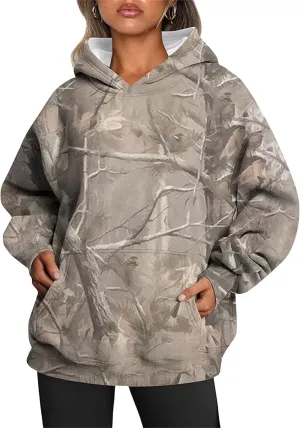 Women's Camo Hoodie Maple-Leaf Print Oversized Sweatshirt Fleece Hoodies Long Sleeve Sweaters Pullover Fall Outfits