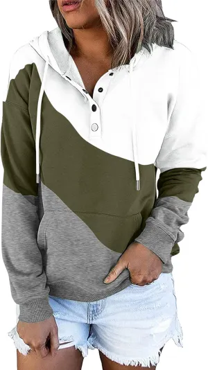 Women's Casual Long Sleeve Hoodies Color Block Button Down Hooded Drawstring Pullover Sweatshirt Tops with Pocket