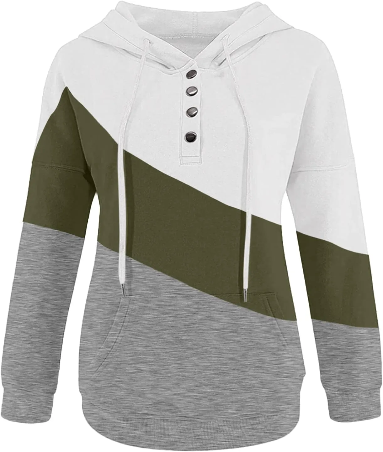 Women's Casual Long Sleeve Hoodies Color Block Button Down Hooded Drawstring Pullover Sweatshirt Tops with Pocket