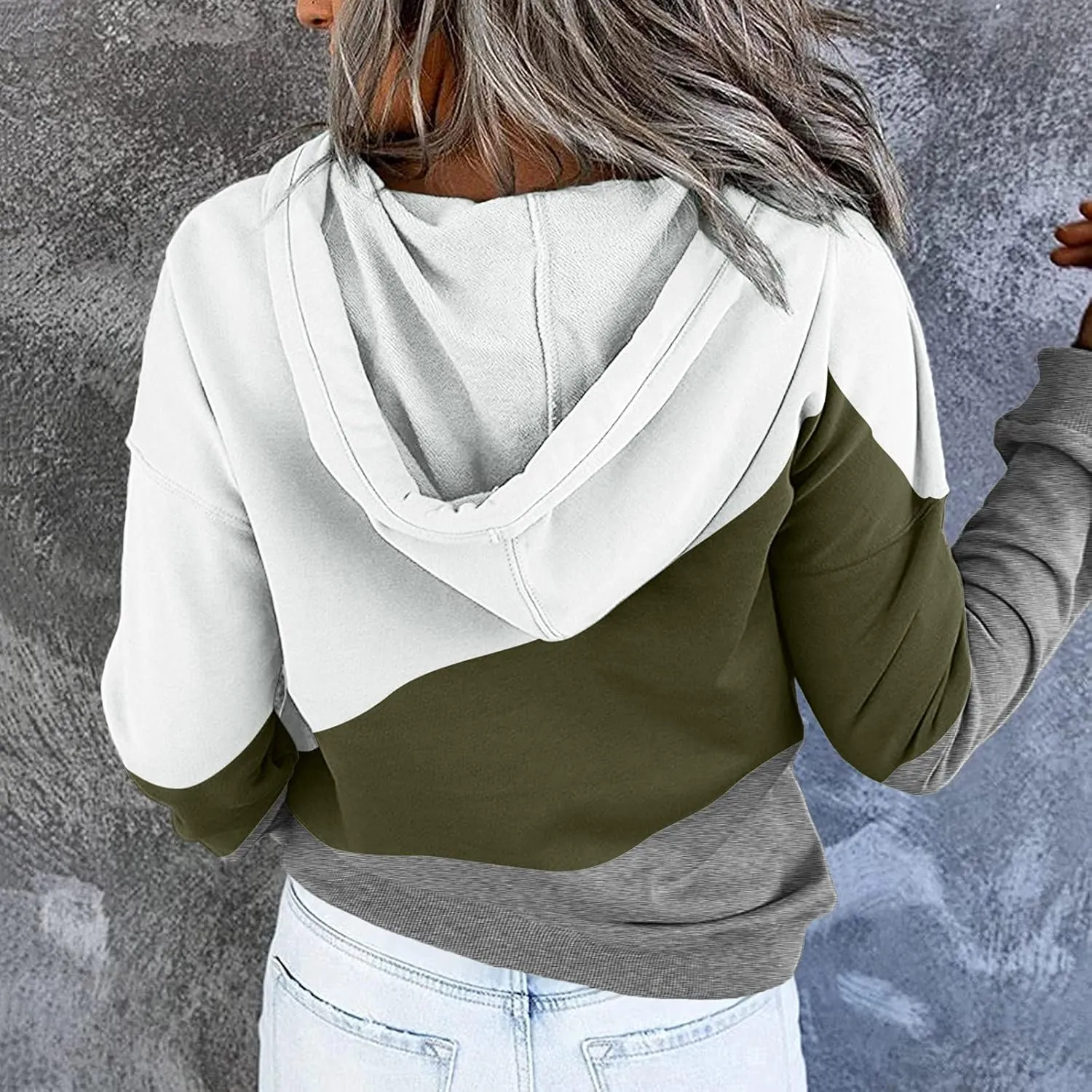 Women's Casual Long Sleeve Hoodies Color Block Button Down Hooded Drawstring Pullover Sweatshirt Tops with Pocket