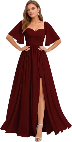 Women's Chiffon Bridesmaid Dresses V Neck Flutter Sleeve Pleated A Line Long Formal Evening Gowns with Slit 