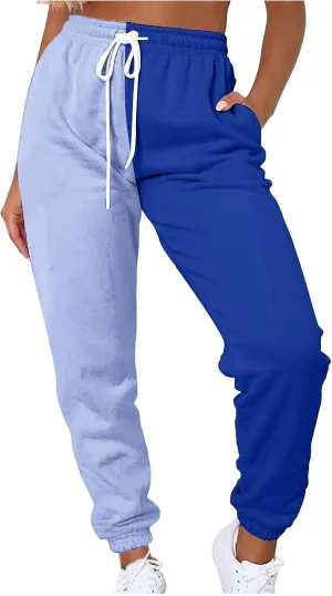 Women's Color Block Sweatpants Patchwork Trouser Elastic High Waist Joggers Baggy Pants with Multi-Pockets