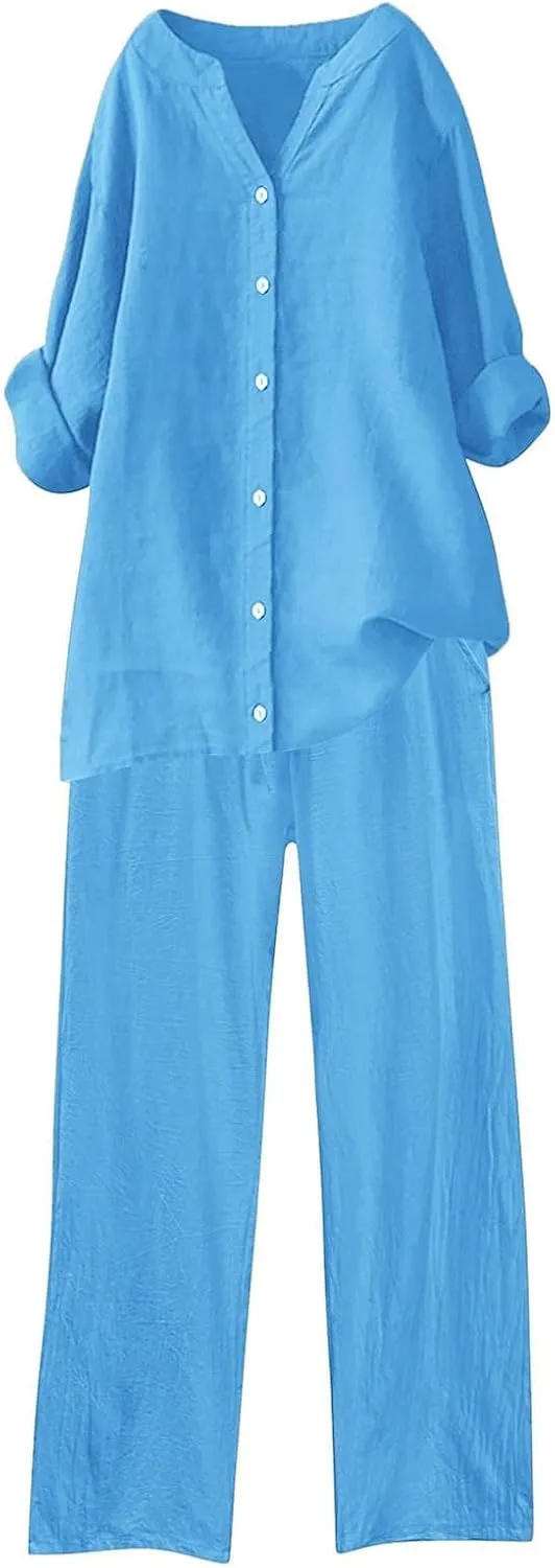 Womens Cotton Linen 2 Piece Outfits Oversize Button Down Shirt & Loose Straight-Leg Pant Daily Casual Loungewear Sets