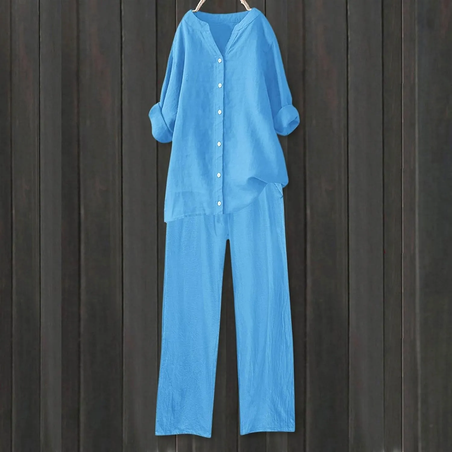 Womens Cotton Linen 2 Piece Outfits Oversize Button Down Shirt & Loose Straight-Leg Pant Daily Casual Loungewear Sets
