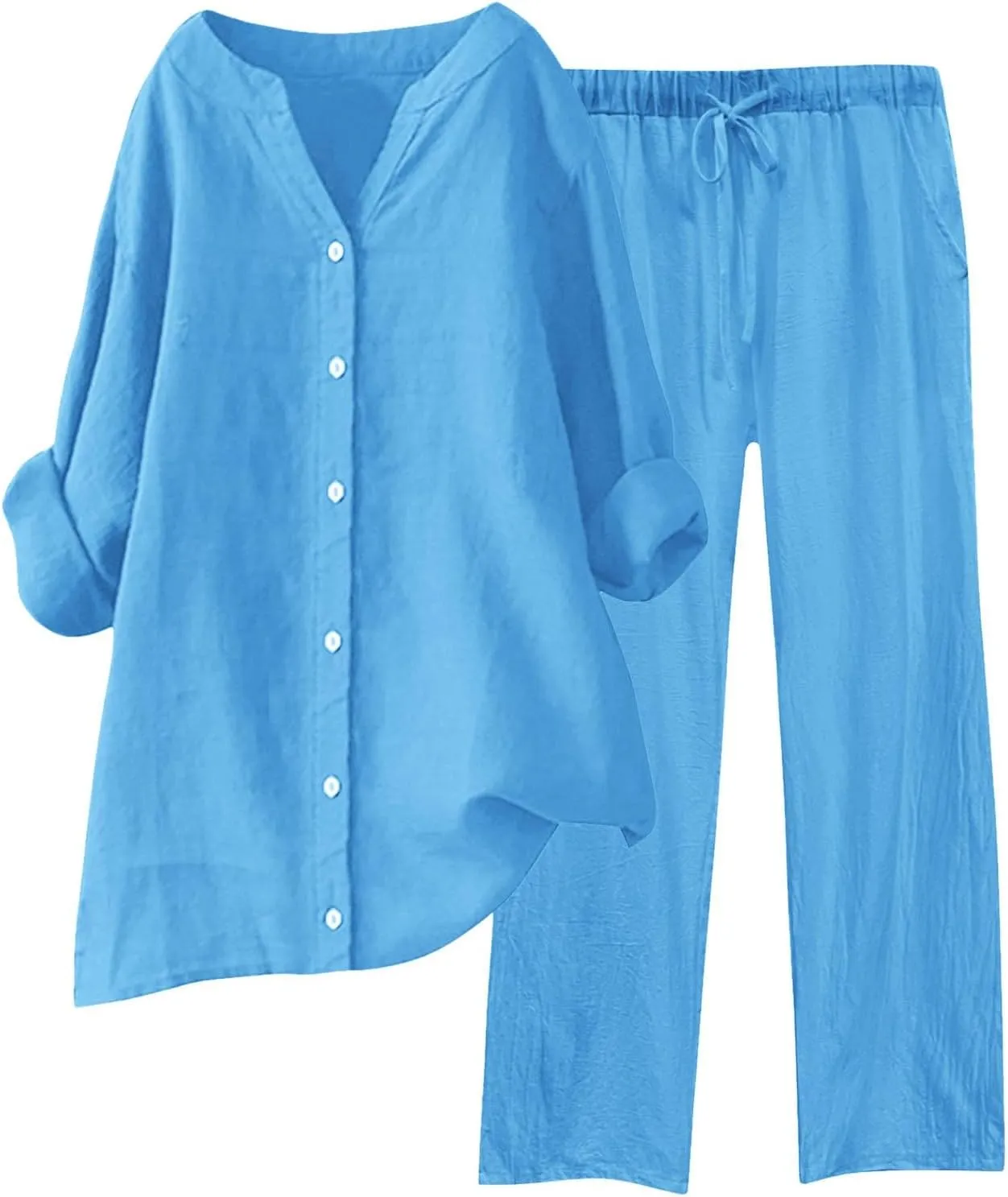 Womens Cotton Linen 2 Piece Outfits Oversize Button Down Shirt & Loose Straight-Leg Pant Daily Casual Loungewear Sets