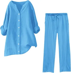 Womens Cotton Linen 2 Piece Outfits Oversize Button Down Shirt & Loose Straight-Leg Pant Daily Casual Loungewear Sets