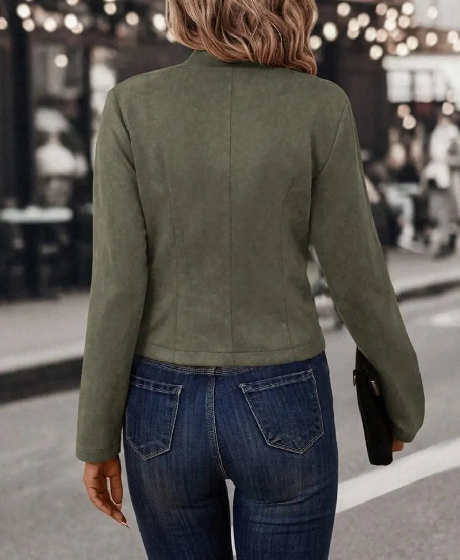 Women's Faux Suede Jackets 2025 Fall Casual Business Long Sleeve Open Front Cropped Blazer Jacket Coat