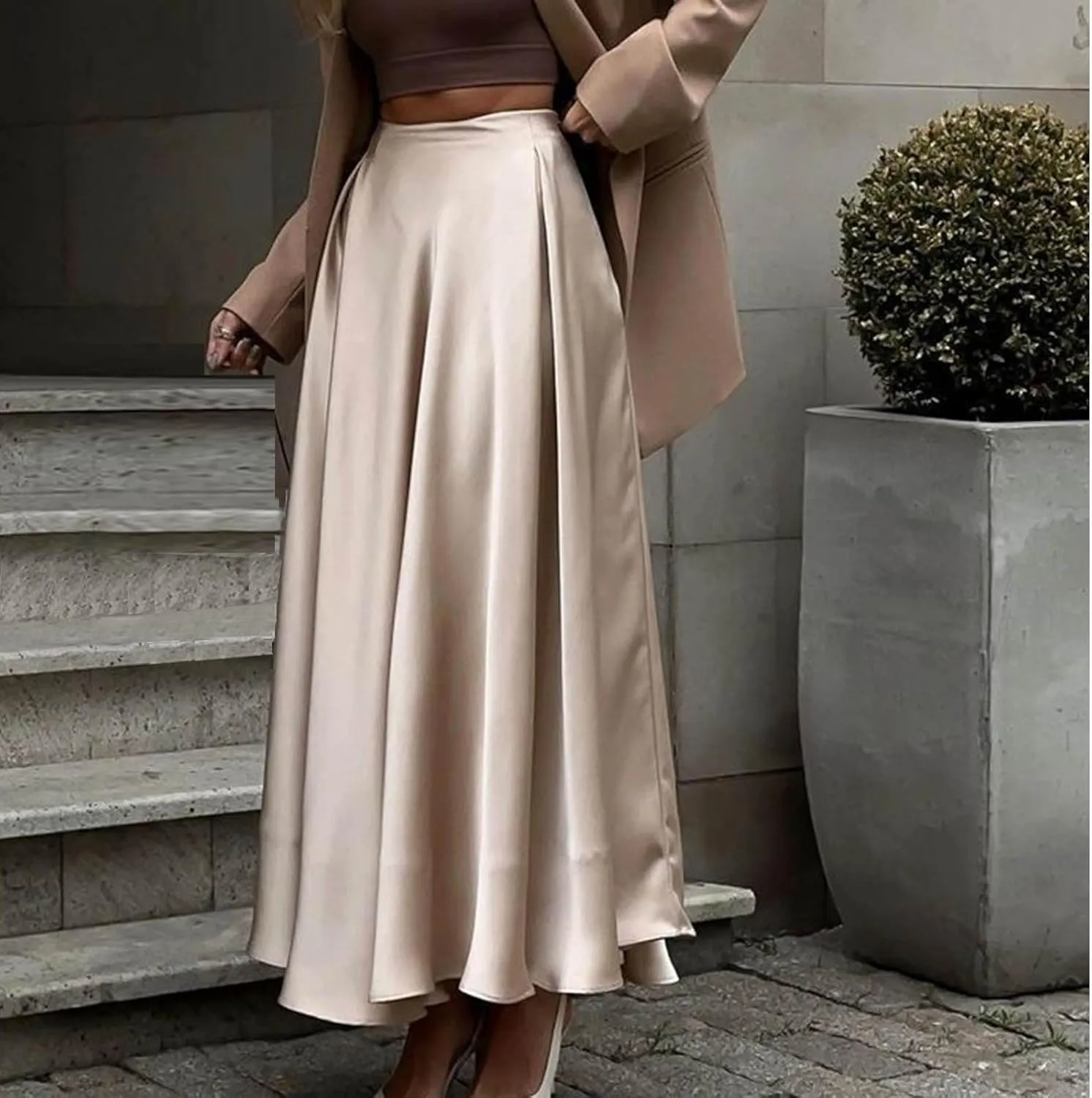 Women's Flowy Casual Long Skirt, Fashion Pleated Ruffle Hem A-Line Midi Skirts Elegance Comfy Evening Party Clothes