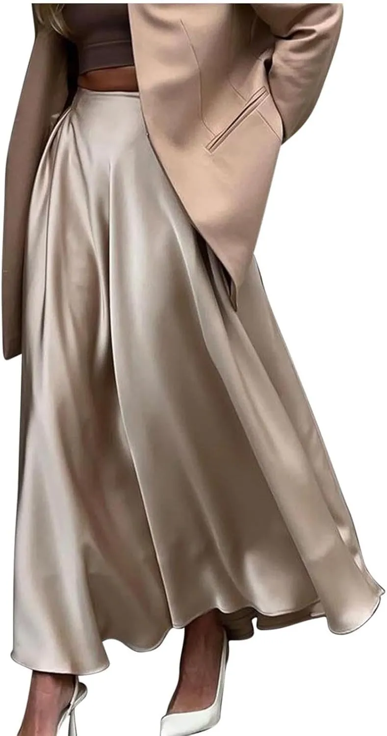 Women's Flowy Casual Long Skirt, Fashion Pleated Ruffle Hem A-Line Midi Skirts Elegance Comfy Evening Party Clothes