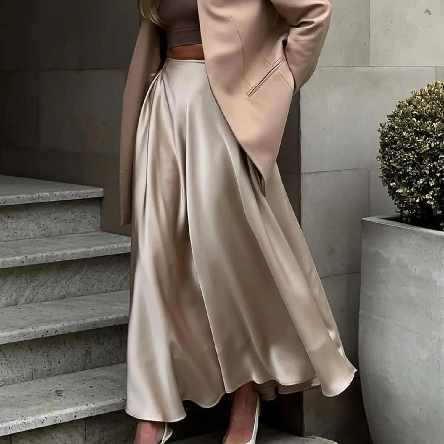 Women's Flowy Casual Long Skirt, Fashion Pleated Ruffle Hem A-Line Midi Skirts Elegance Comfy Evening Party Clothes