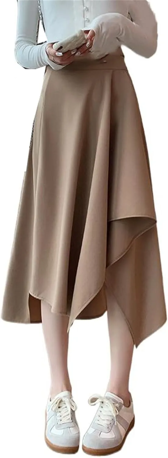 Women's High-Waisted Retro Style Pleated Skirt, Autumn and Winter Midi Skirt