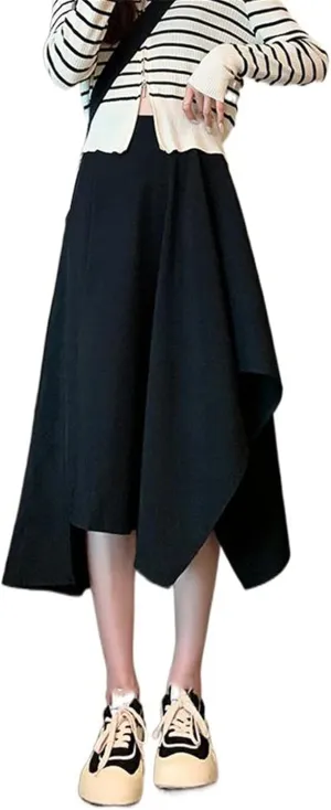 Women's High-Waisted Retro Style Pleated Skirt, Autumn and Winter Midi Skirt