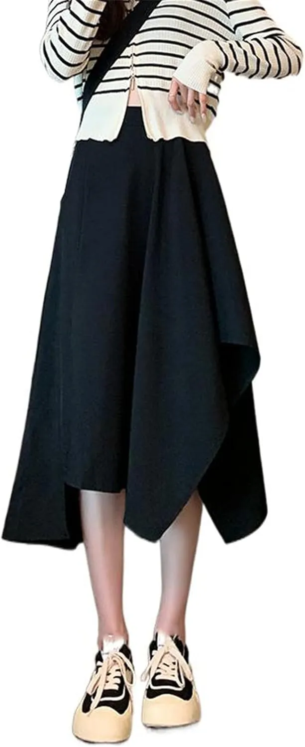 Women's High-Waisted Retro Style Pleated Skirt, Autumn and Winter Midi Skirt