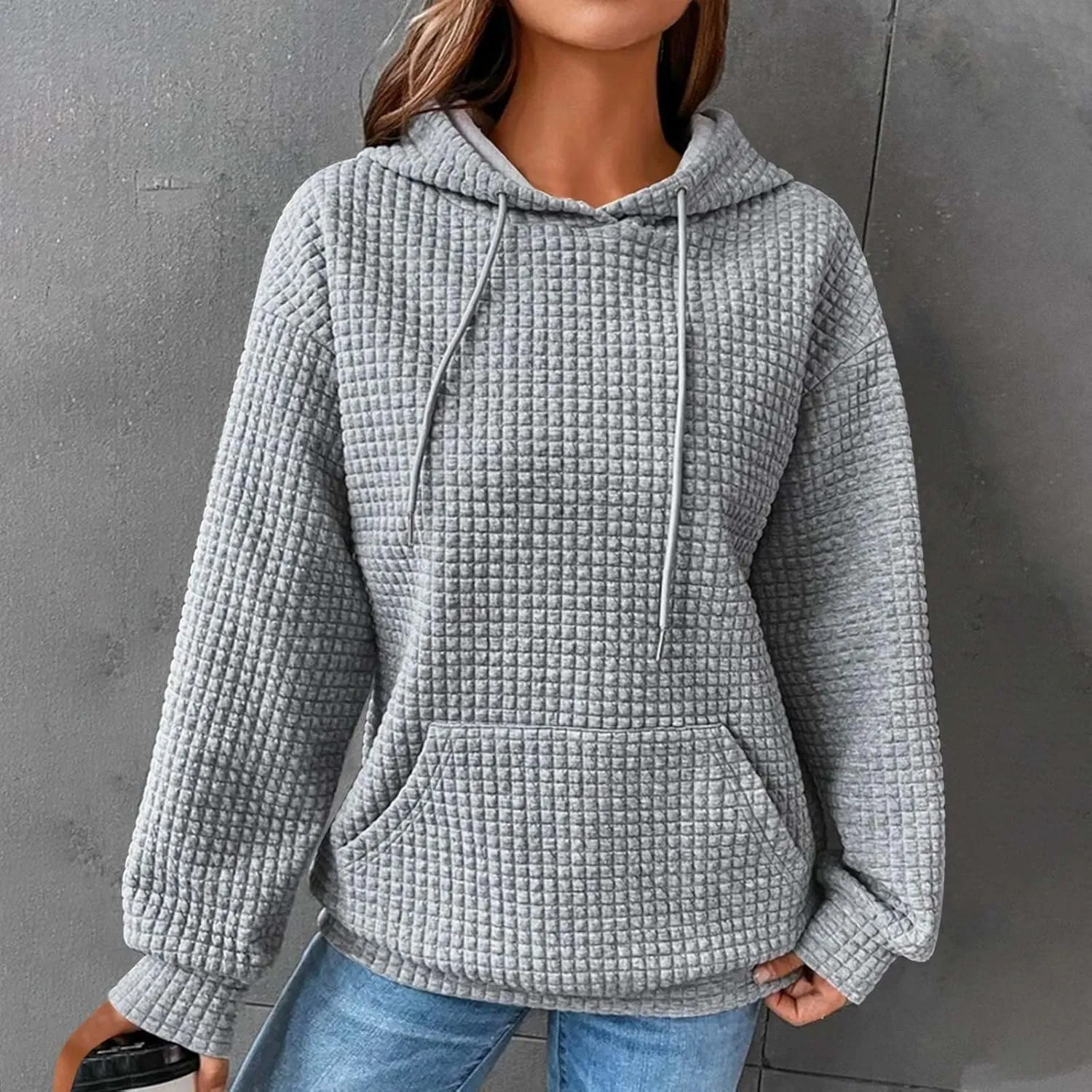 Womens Hoodies Pullover Quilted Long Sleeve Knit Oversized Sweatshirt Fall Drawstring Hooded Sweatshirts with Pocket