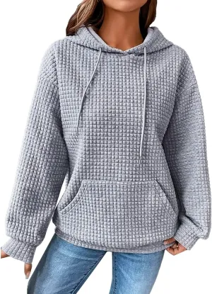 Womens Hoodies Pullover Quilted Long Sleeve Knit Oversized Sweatshirt Fall Drawstring Hooded Sweatshirts with Pocket
