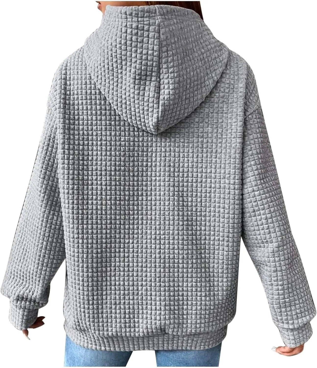 Womens Hoodies Pullover Quilted Long Sleeve Knit Oversized Sweatshirt Fall Drawstring Hooded Sweatshirts with Pocket