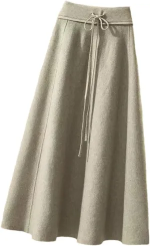 Women's Knitted Midi Skirts High Waist Pleated A Line Skirt Elegant Winter Lace Up Slim Casual Skirt