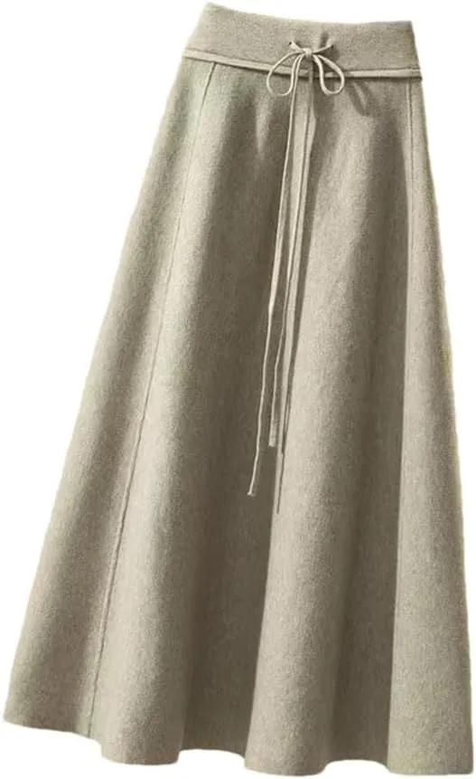 Women's Knitted Midi Skirts High Waist Pleated A Line Skirt Elegant Winter Lace Up Slim Casual Skirt
