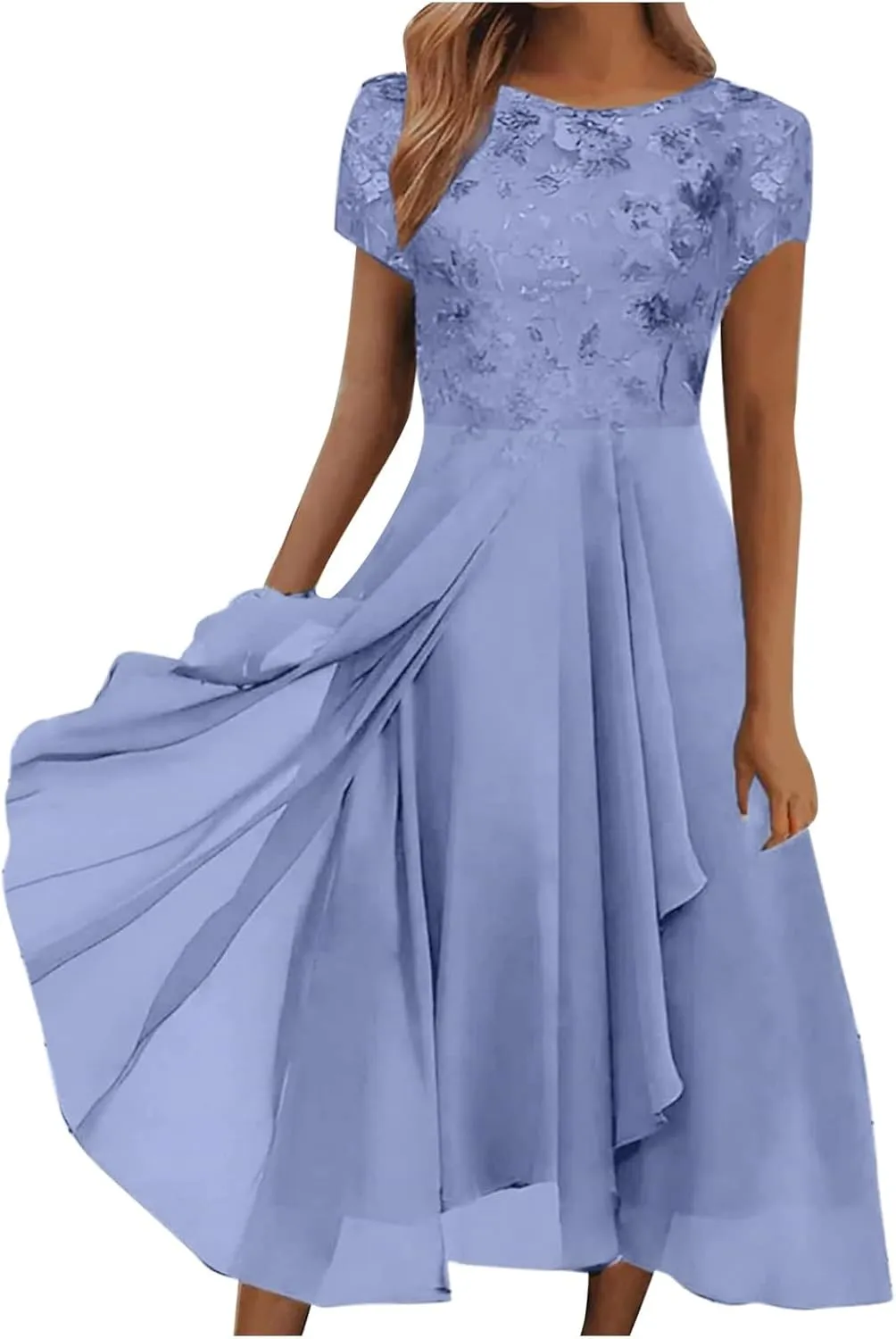 Women's Long Dresses Elegant Lace Splicing Solid Color Evening Gown Short Sleeve Cocktail Wedding Dresses, S-3XL