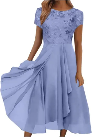 Women's Long Dresses Elegant Lace Splicing Solid Color Evening Gown Short Sleeve Cocktail Wedding Dresses, S-3XL