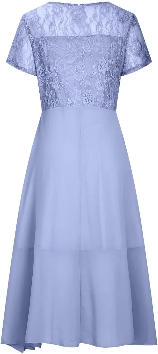 Women's Long Dresses Elegant Lace Splicing Solid Color Evening Gown Short Sleeve Cocktail Wedding Dresses, S-3XL
