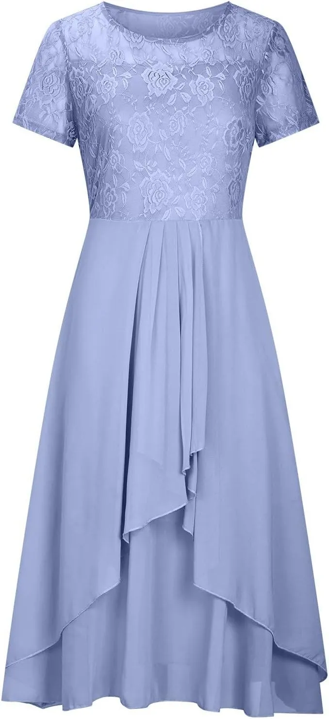 Women's Long Dresses Elegant Lace Splicing Solid Color Evening Gown Short Sleeve Cocktail Wedding Dresses, S-3XL