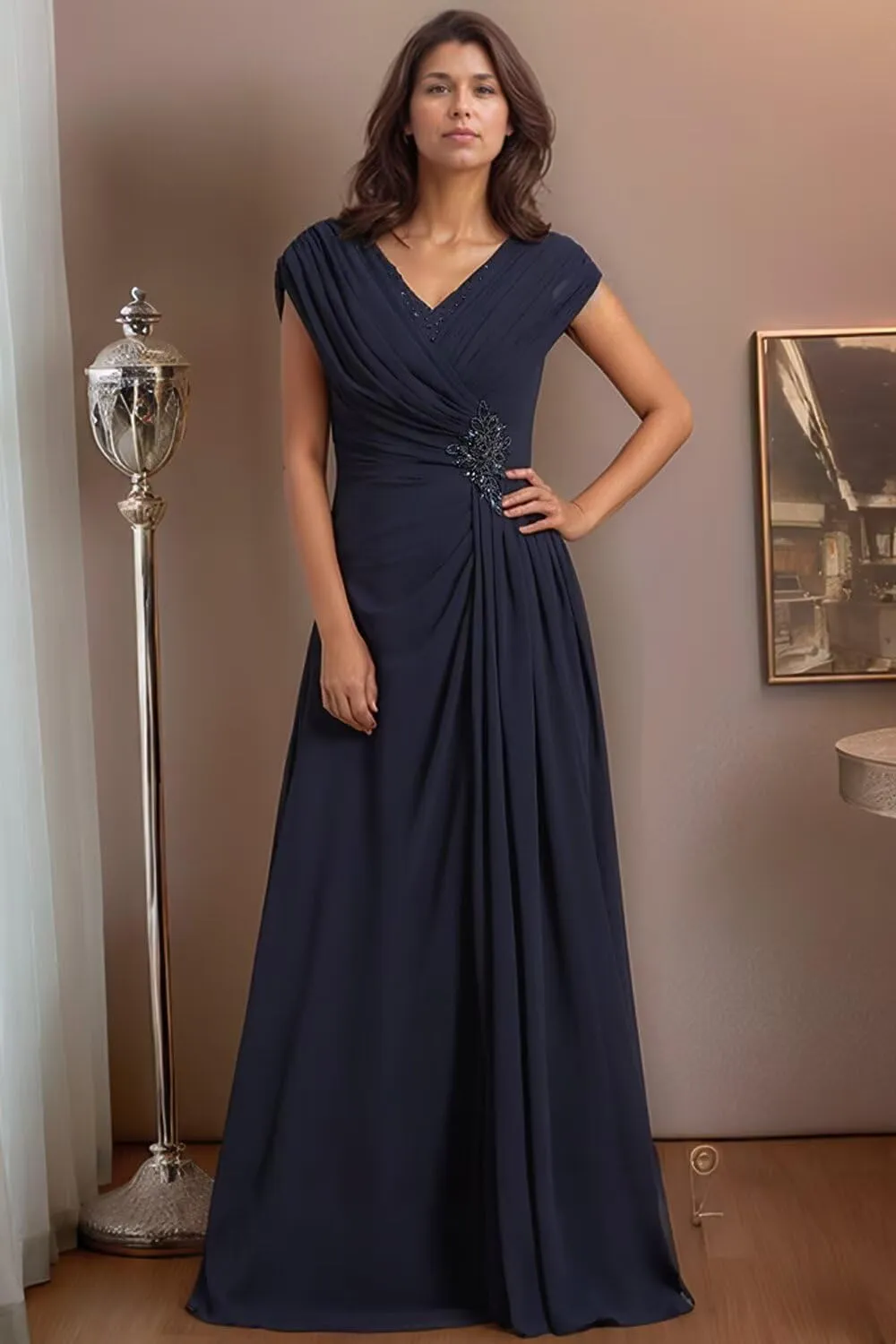 Womens Mother of The Bride Dresses for Wedding Chiffon A-Line Beaded Pleats Elegant Formal Evening Gowns