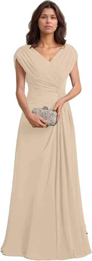 Womens Mother of The Bride Dresses for Wedding Chiffon A-Line Beaded Pleats Elegant Formal Evening Gowns