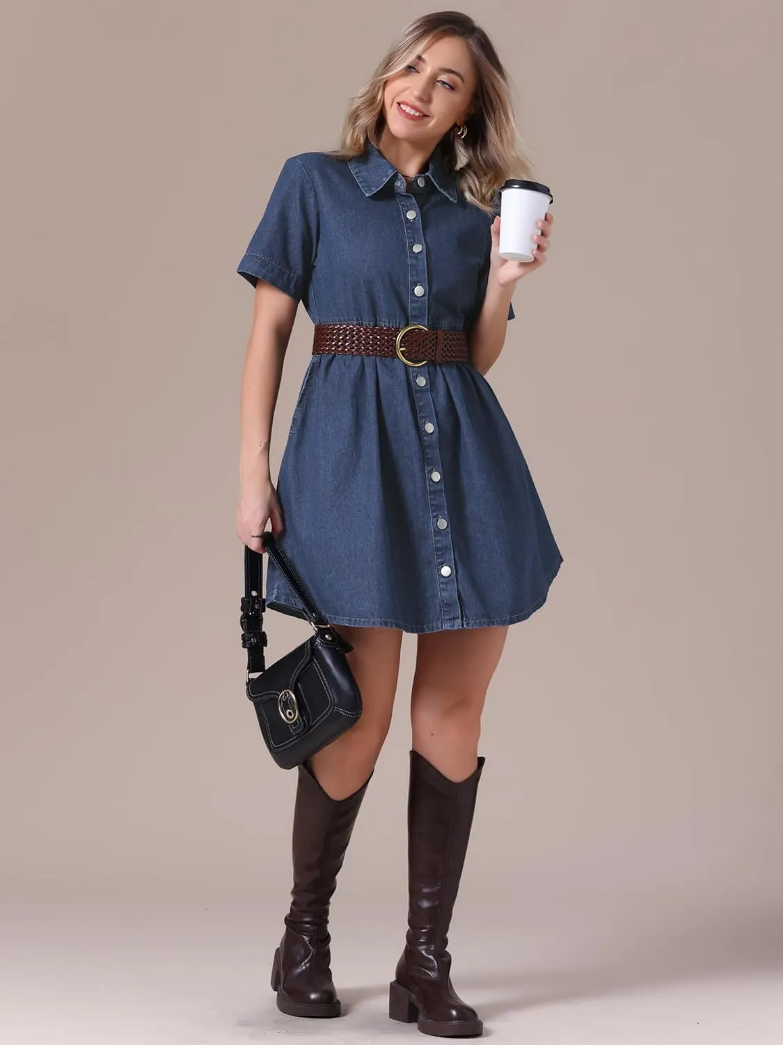 Women's Plus Size Denim Dress Babydoll Collared Short Sleeve Button Down Jean Shirtdress Mini Dresses