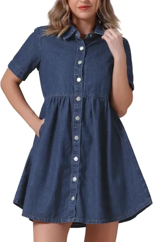 Women's Plus Size Denim Dress Babydoll Collared Short Sleeve Button Down Jean Shirtdress Mini Dresses