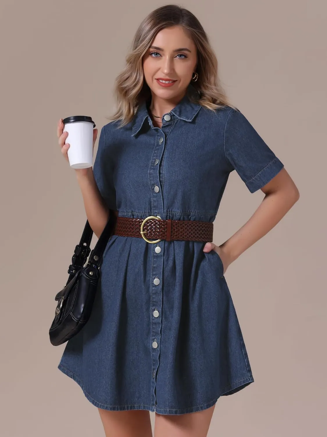 Women's Plus Size Denim Dress Babydoll Collared Short Sleeve Button Down Jean Shirtdress Mini Dresses