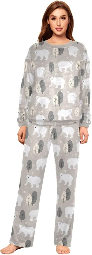Women's Polar Bear Flannel Pajama Set 2 Piece Cozy Pjs Thermal Fuzzy Fleece Lounge Loungewear