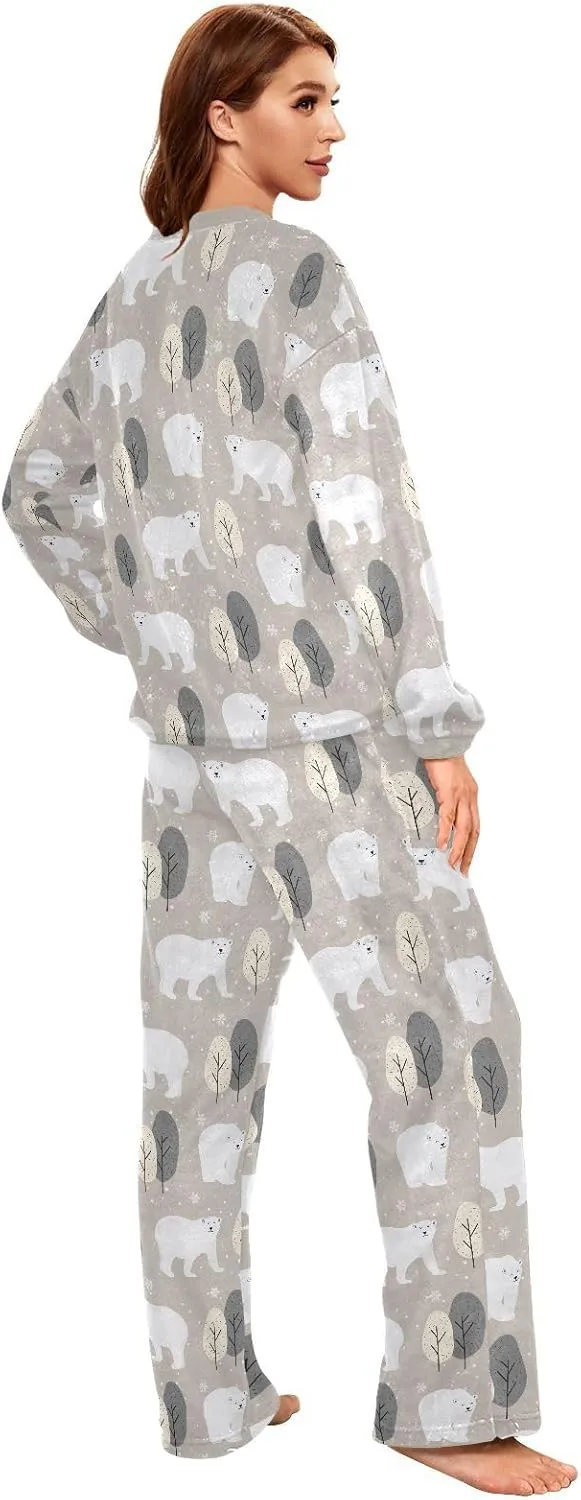 Women's Polar Bear Flannel Pajama Set 2 Piece Cozy Pjs Thermal Fuzzy Fleece Lounge Loungewear