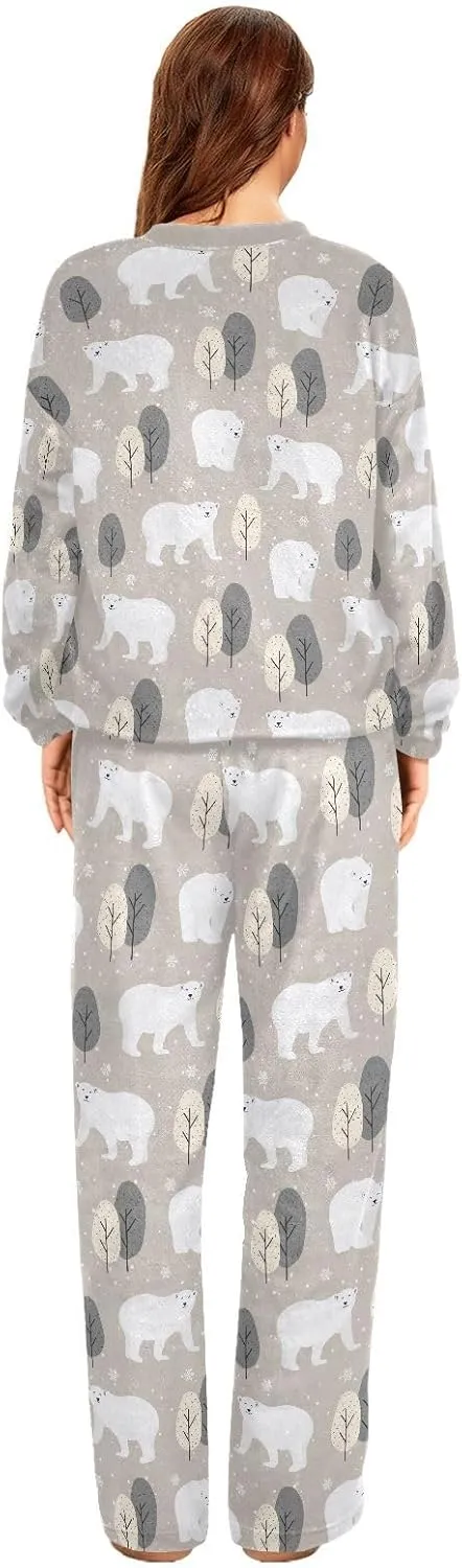 Women's Polar Bear Flannel Pajama Set 2 Piece Cozy Pjs Thermal Fuzzy Fleece Lounge Loungewear