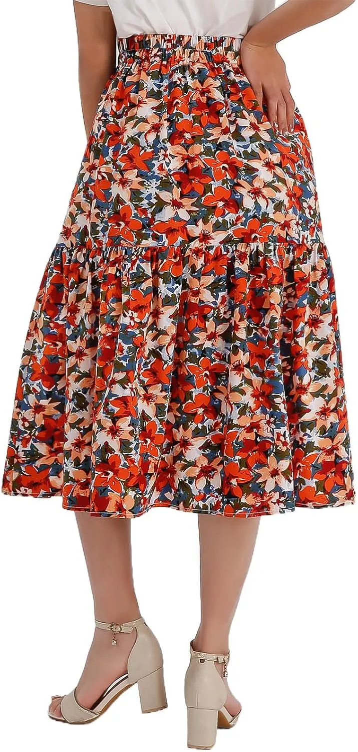 Women's Printed Skirt with Elastic Waist Broken Pleated Skirt with Pockets in Spring Summer and Autumn