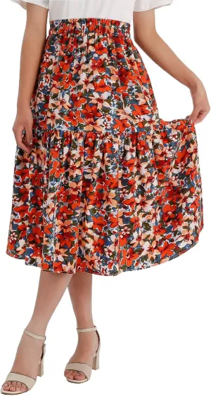 Women's Printed Skirt with Elastic Waist Broken Pleated Skirt with Pockets in Spring Summer and Autumn