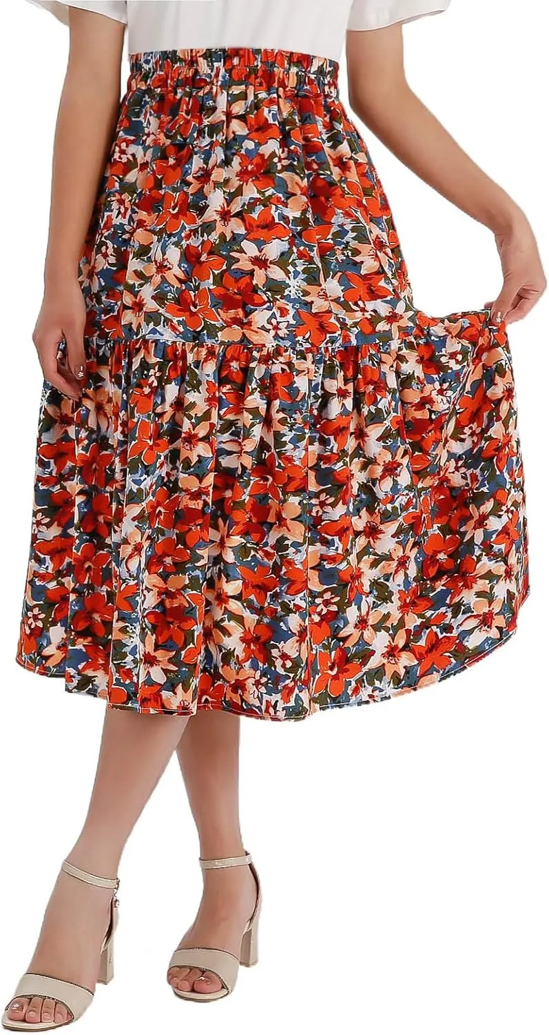 Women's Printed Skirt with Elastic Waist Broken Pleated Skirt with Pockets in Spring Summer and Autumn