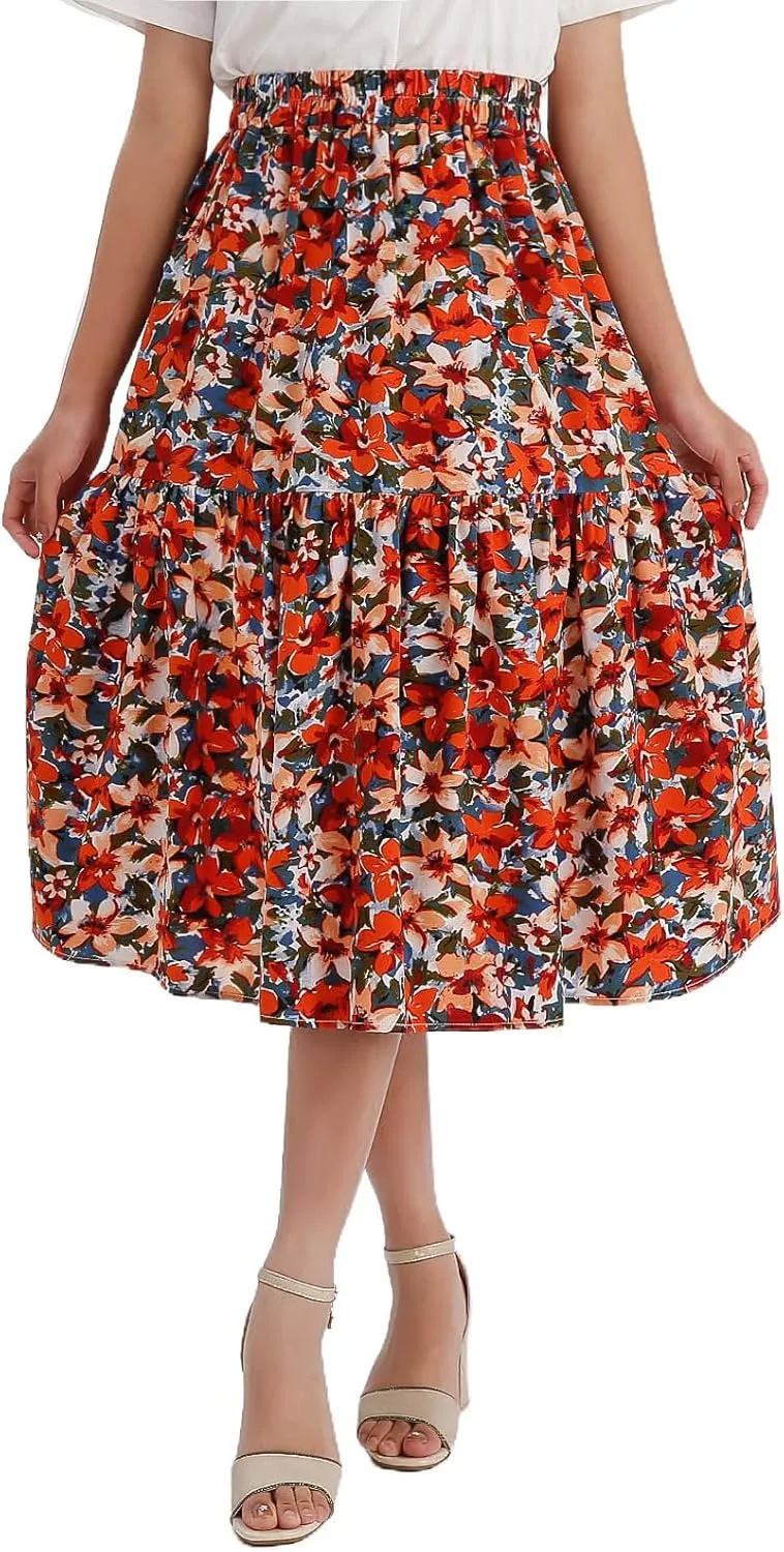 Women's Printed Skirt with Elastic Waist Broken Pleated Skirt with Pockets in Spring Summer and Autumn