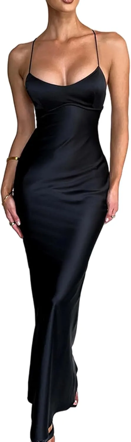 Women's Sexy Sleeveless Halter Satin Maxi Dress Elegant Backless Lace Up Mermaid Dresses for Party Cocktail Evening
