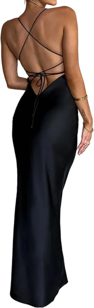 Women's Sexy Sleeveless Halter Satin Maxi Dress Elegant Backless Lace Up Mermaid Dresses for Party Cocktail Evening