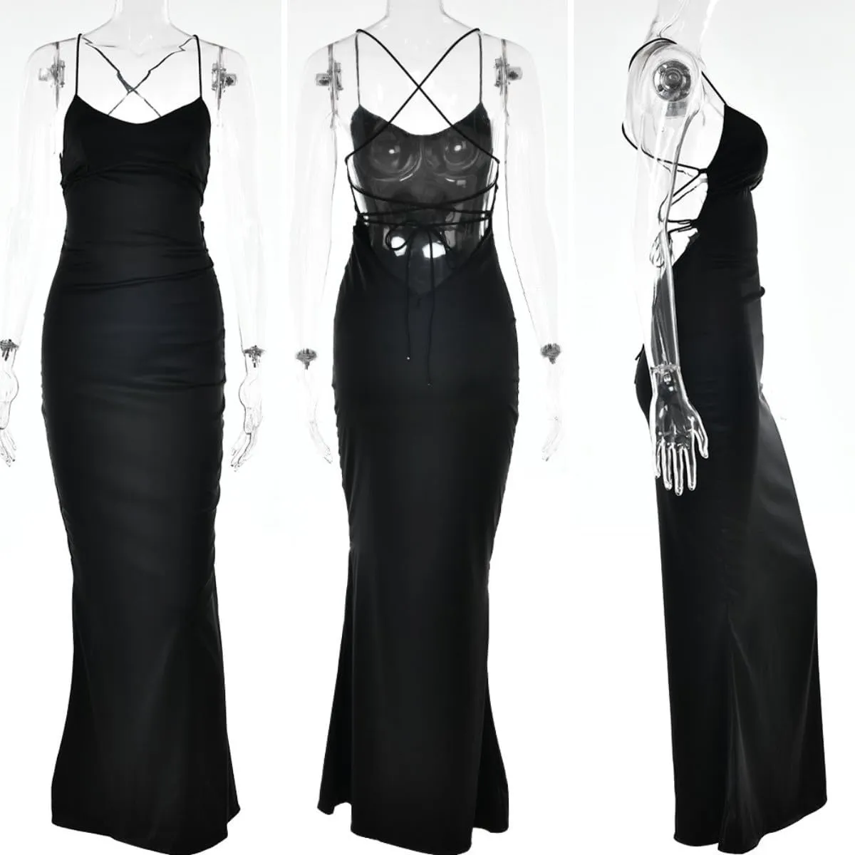 Women's Sexy Sleeveless Halter Satin Maxi Dress Elegant Backless Lace Up Mermaid Dresses for Party Cocktail Evening