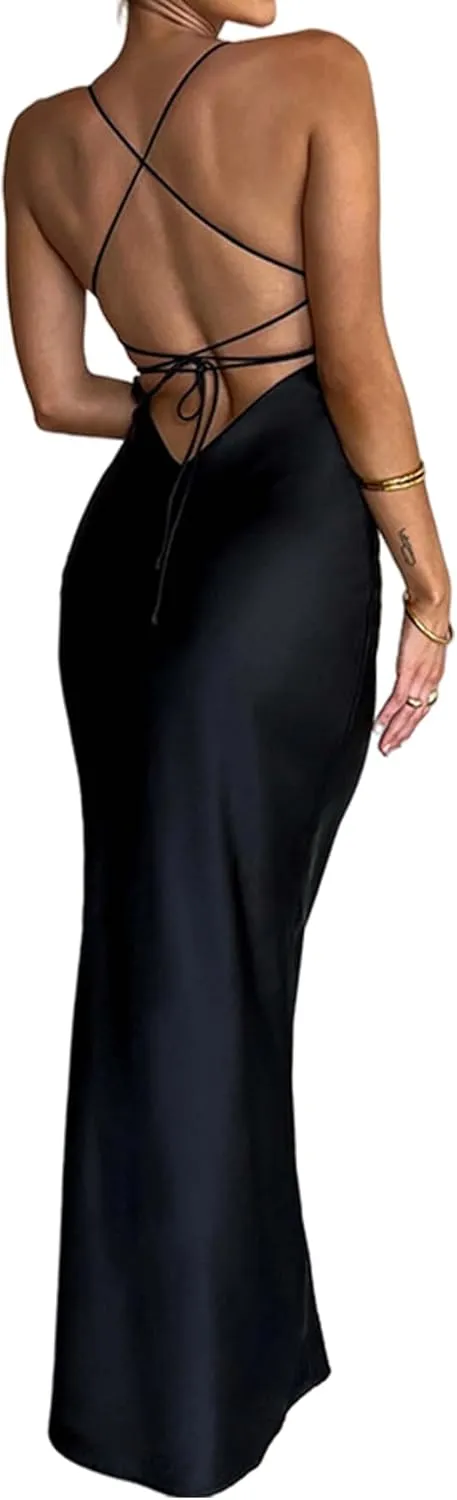 Women's Sexy Sleeveless Halter Satin Maxi Dress Elegant Backless Lace Up Mermaid Dresses for Party Cocktail Evening