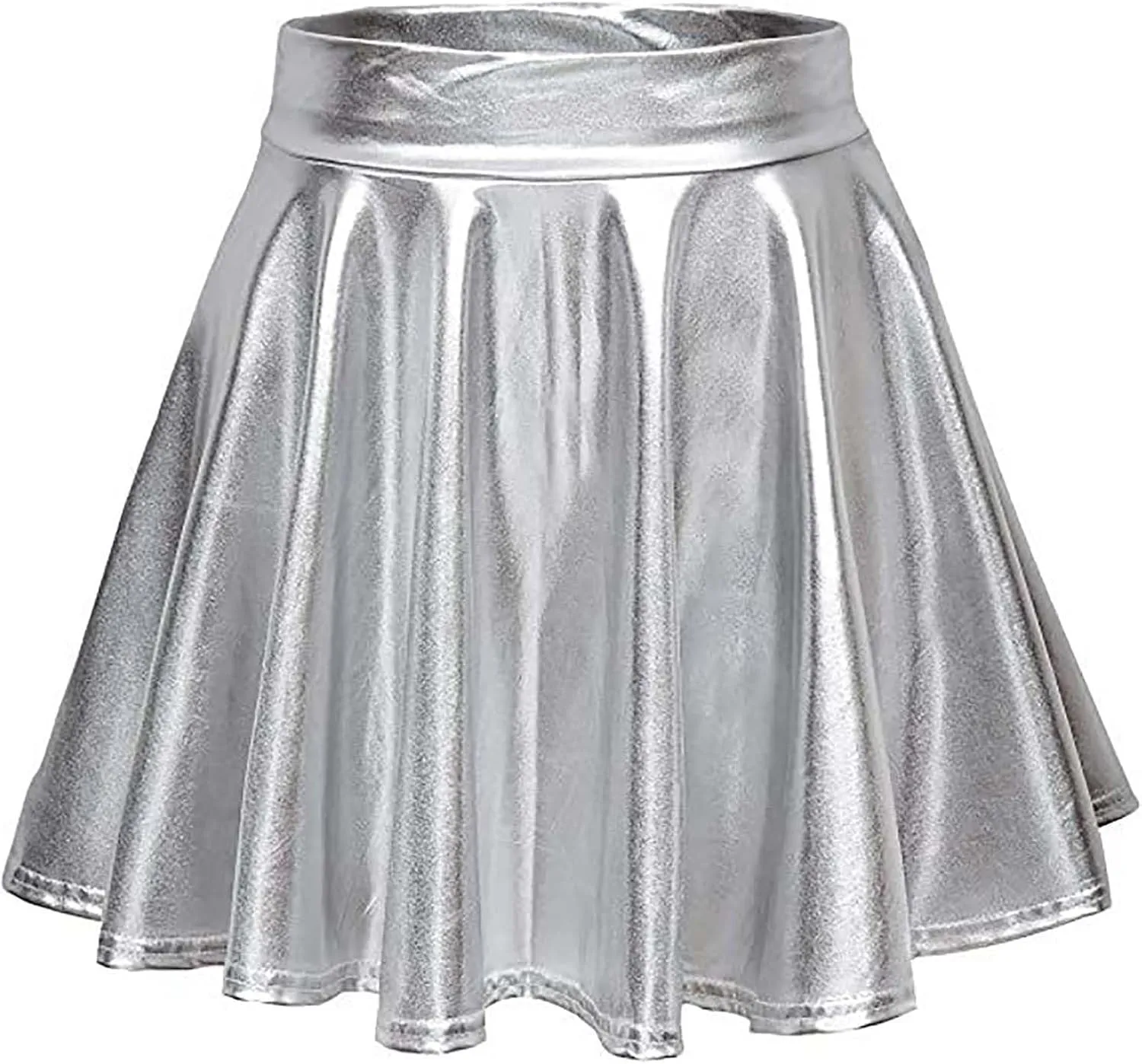 Womens Shiny Flared Pleated Short Mini Skater Skirt High Waisted A-Line Dance Skirt for Nightclub Costumes Clubwear