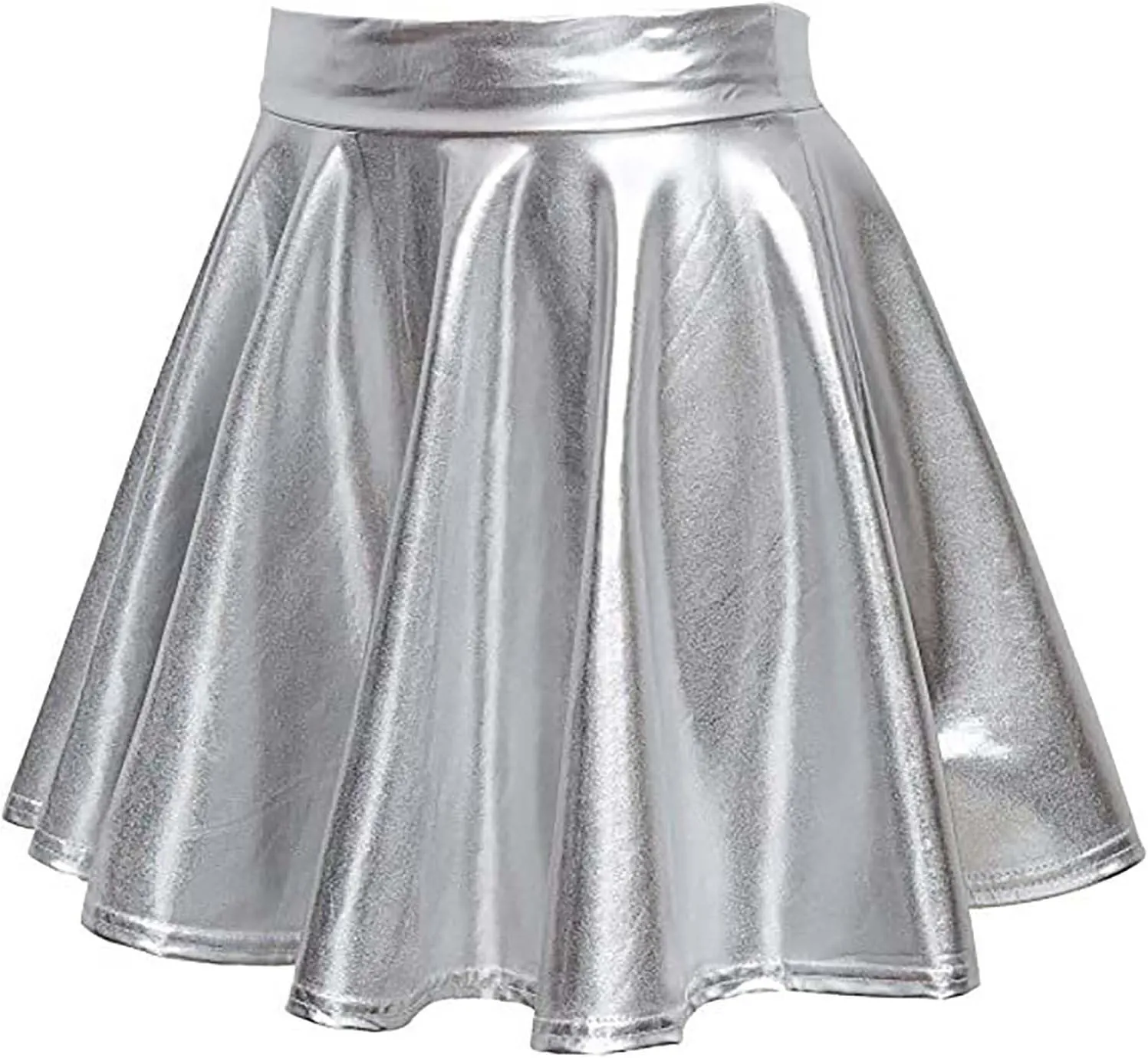 Womens Shiny Flared Pleated Short Mini Skater Skirt High Waisted A-Line Dance Skirt for Nightclub Costumes Clubwear