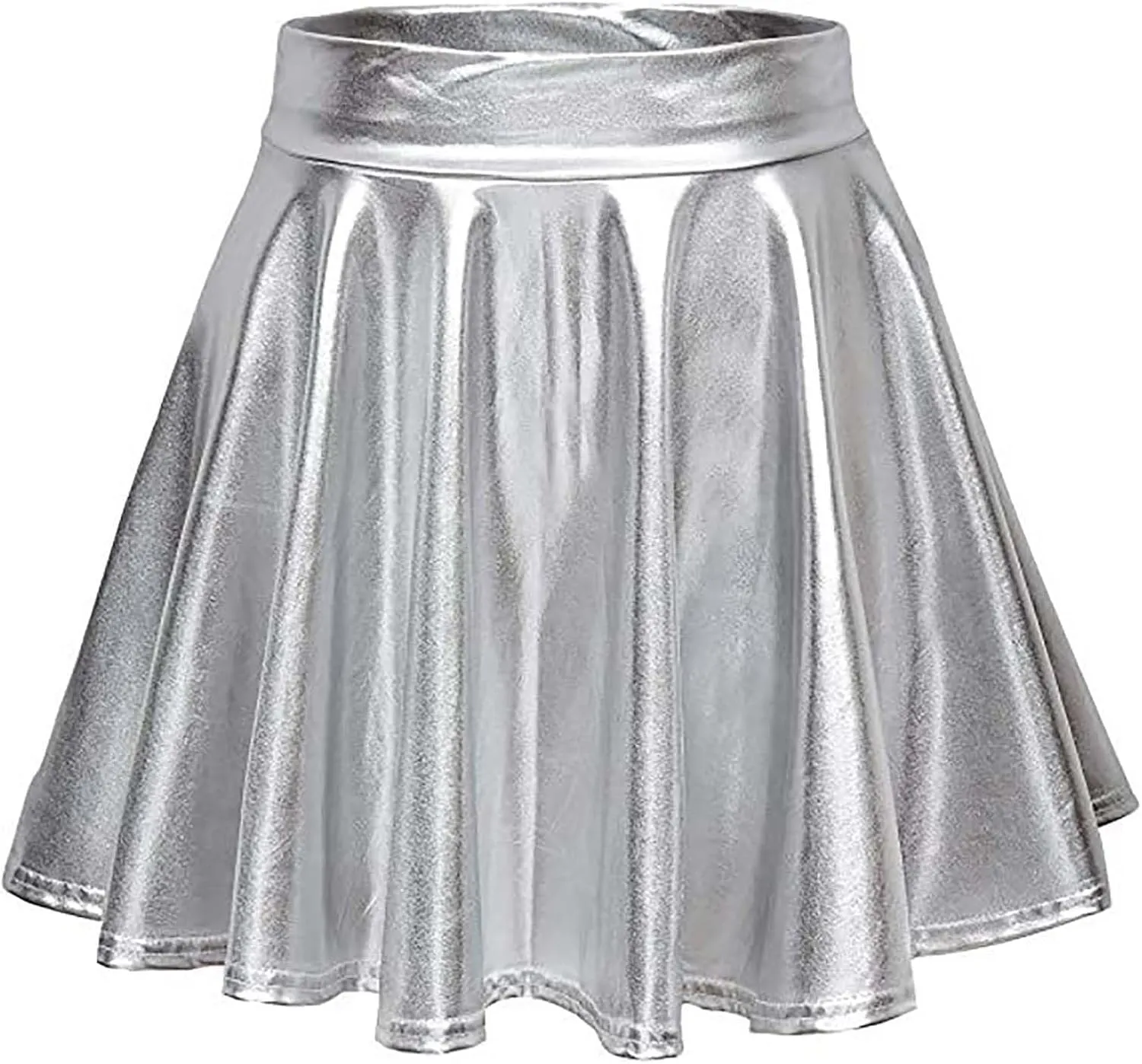 Womens Shiny Flared Pleated Short Mini Skater Skirt High Waisted A-Line Dance Skirt for Nightclub Costumes Clubwear