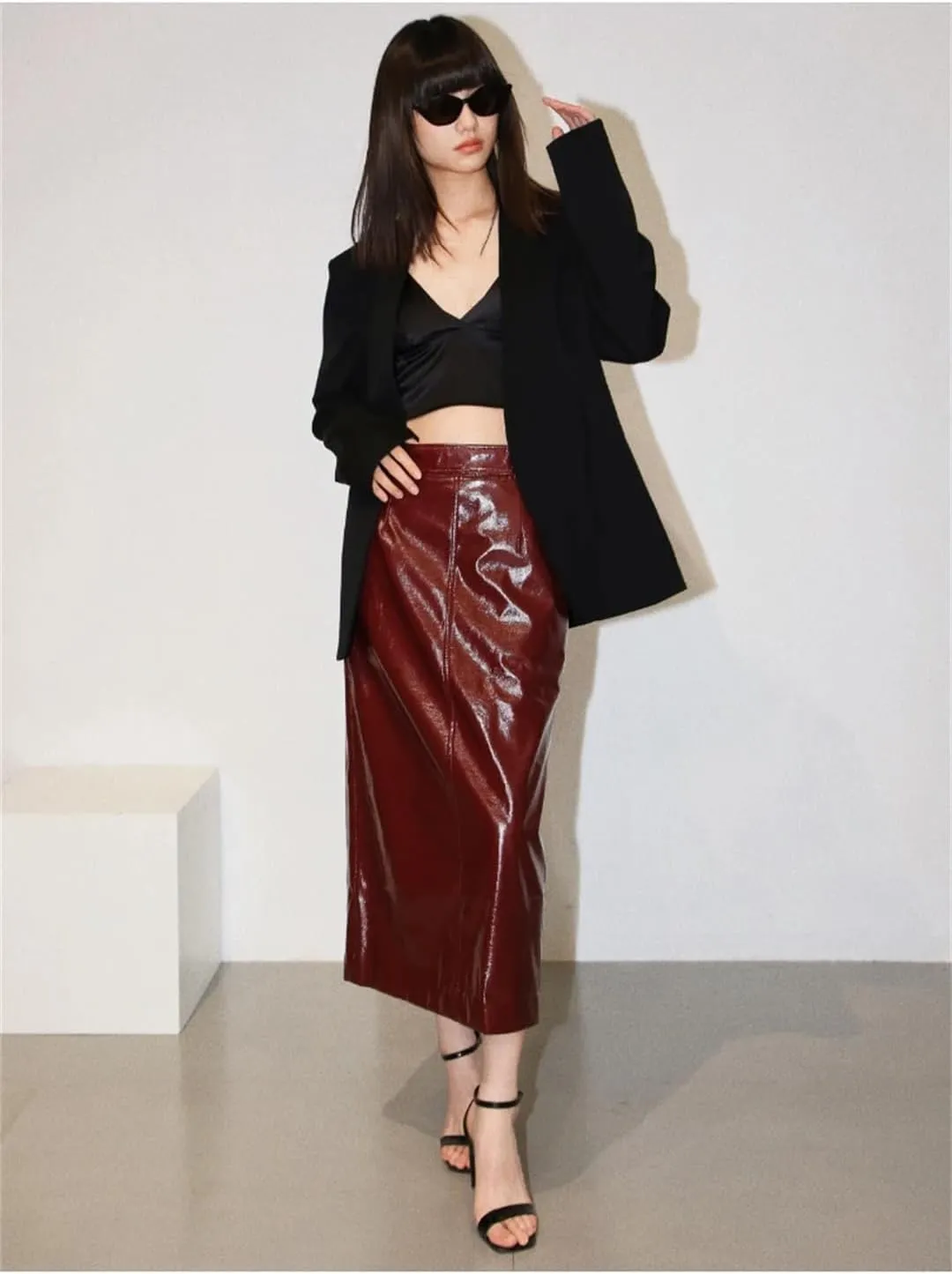 Women's Shiny Reflective Patent Pu Leather Midi Pencil Skirt Solid High Waist Long Skirt